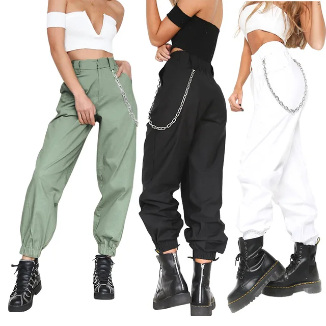 womens black cargo pants with chain