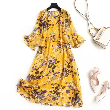 

yellow chiffon summer dress Flare Sleeve Bohemian A-Line Print Mid-Calf vestidos novos de 2020 Ruffles dress midi elegant