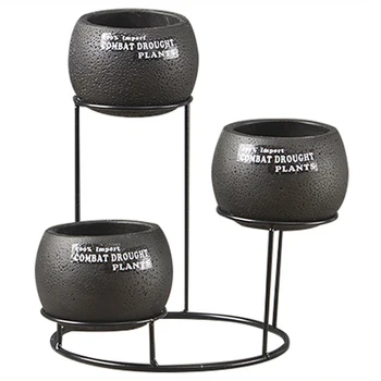 

European Style Desktop Succulent Plant Flowerpot And Flower Stand Set Round Cement Pot With Simple Iron Rack Home Decoration