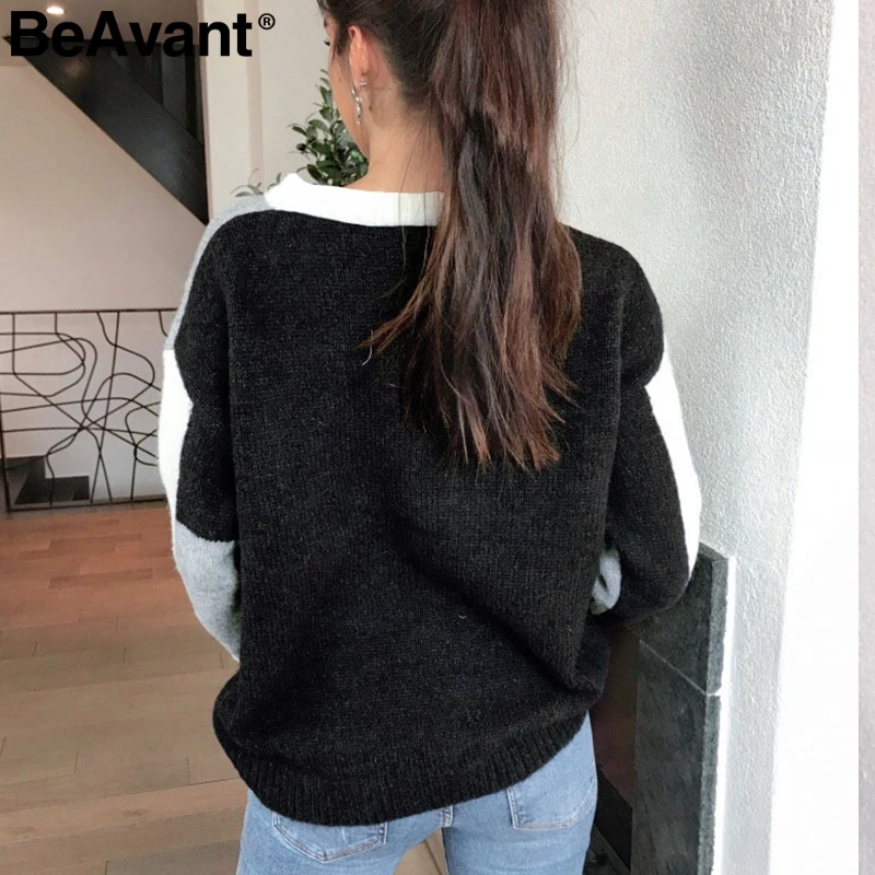 Ceny BeAvant Casual sweter z dekoltem w serek sweter z dzianiny patchwork sweter z długim rękawem dla kobiet 2019 anglia ladies chic ciepły zimowy sweter