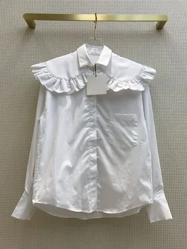 

High-end Sweet Blouse Shirt 2020 Autumn New Women Age-Reducing Ruffled Patchwork Large Lapel Long-sleeve Slim Cotton Blouse Tops