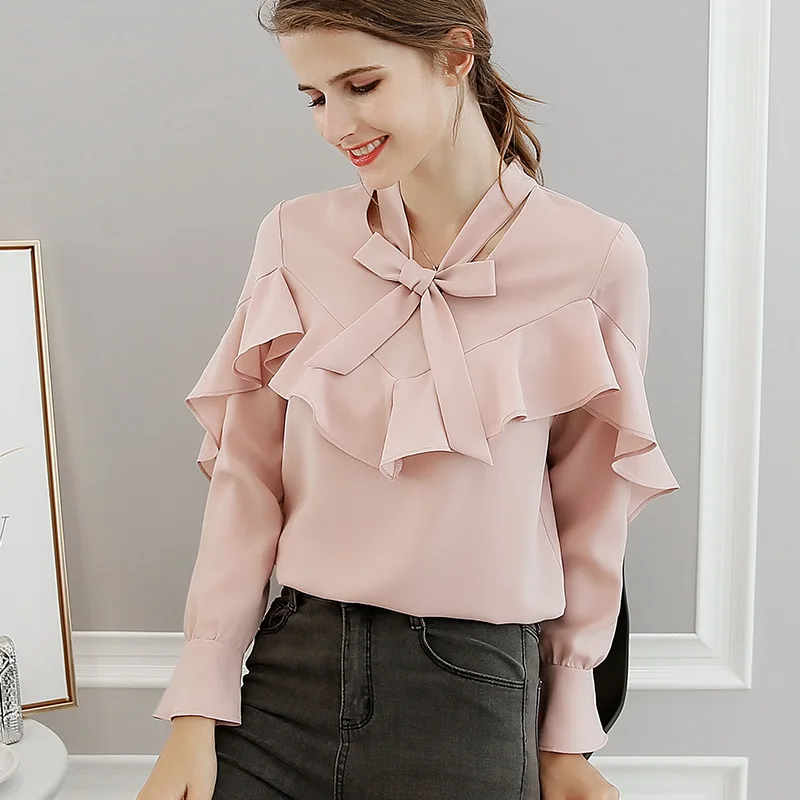 

New Arrival 2019 Spring Autumn Tops Fashion Women Blouse Casual Flare Sleeve Bow Ruffles White Shirt Ladies Cute Sweet Blouses
