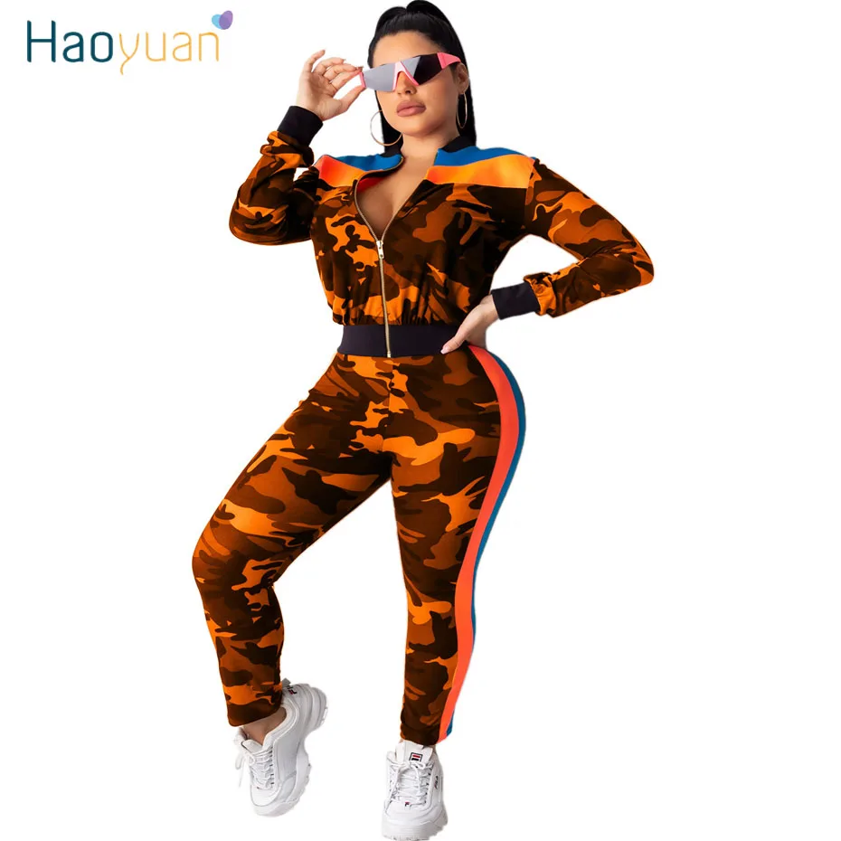 

HAOYUAN Camouflage Tracksuit Women Two Piece Set Festival Clothing Crop Top and Pant Sweat Suits 2 Piece Outfits Matching Sets