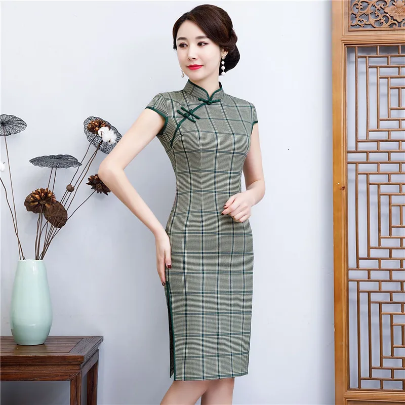 Летнее клетчатое платье с коротким рукавом, сексуальное, тонкое, Qipao, миди платья для женщин, Vestidos, Cheongsams, винтажное традиционное китайское платье, M-4XL