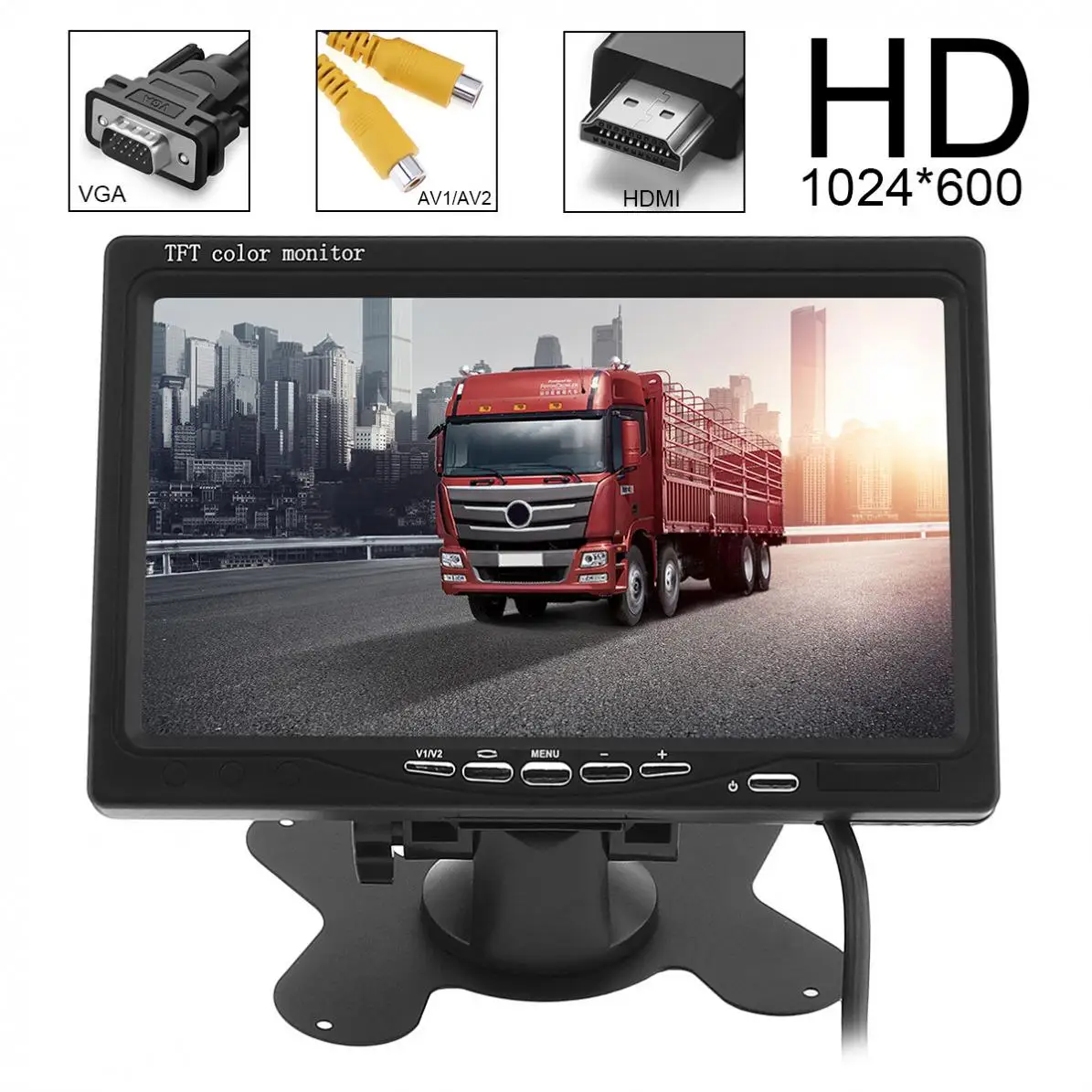 7 дюймов 1024x600 TFT lcd монитор заднего вида автомобиля 2 видео входа VCD DVD подголовник автомобиля монитор Поддержка аудио видео HDMI VGA