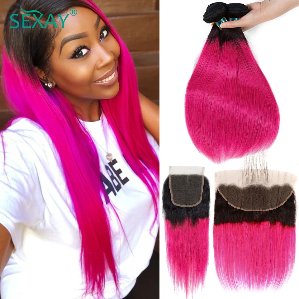 Sexay Ombre Pink Hair 4 Bundles With Closures Baby Hair Dark Roots