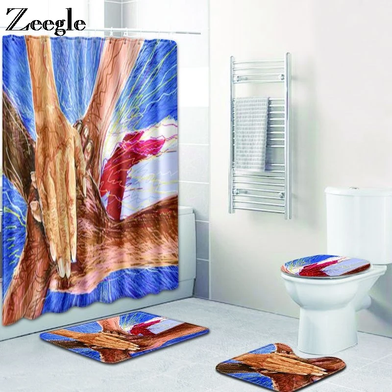 Zeegle Shower Curtain with Bath Mat Set Non-slip Shower Mat Doormat Toilet Pedestal Rug Flannel Foot Mat Washable Bath Mat Set