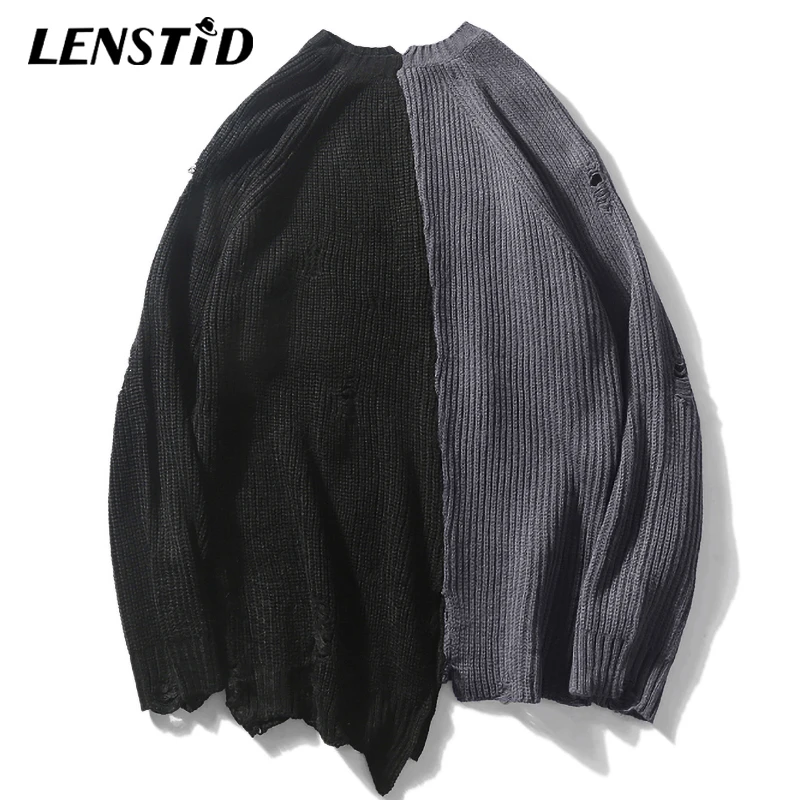 LENSTID осень мужской хип хоп Harajuku тьма стиль разрушить отверстие вязаный пуловер уличная Мужская мода свитера пэтчворк