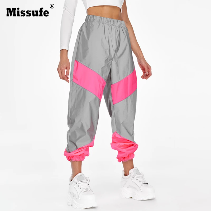 Tanie Missufe nowy Flash łączone odblaskowe sportowe spodnie 2019 jesień zima kobiety na co dzień niebieski różowy pomarańczowy Streetwear spodnie typu Casual