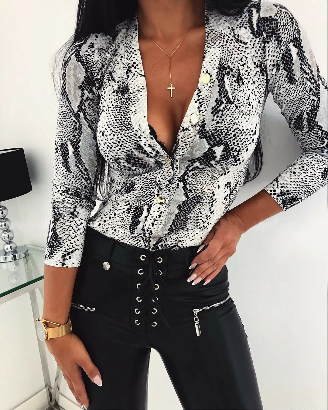 

Women Sexy Long Sleeve Bodycon Deep V Neck Button Office Lady Bodysuit V Neck Tops Leotard Jumpsuit Bodycon Romper