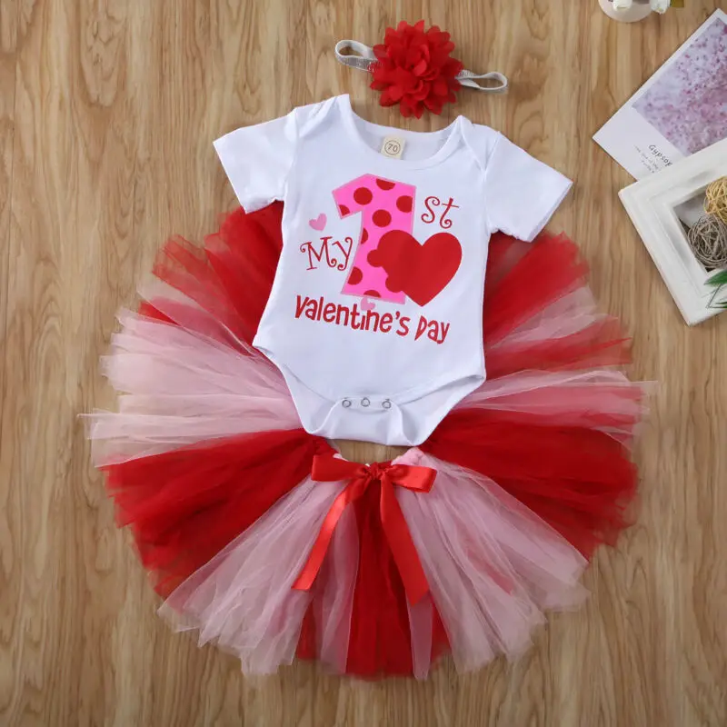 Одежда для новорожденных девочек 0-18 месяцев с надписью «My 1st Valentine», комбинезон+ кружевная юбка, комплект одежды, милый комплект одежды для маленьких девочек
