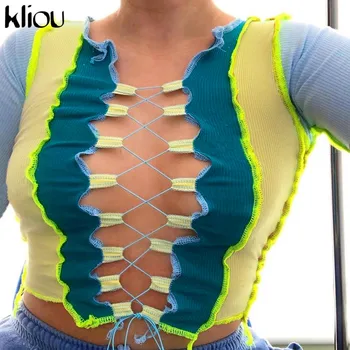 

Kliou Women Ribbed Patchwork Crop Tops Autumn Fashion O-Neck Long Sleeve Hollow Out Bandage Sexy Hot Party Clubwear Female Tees