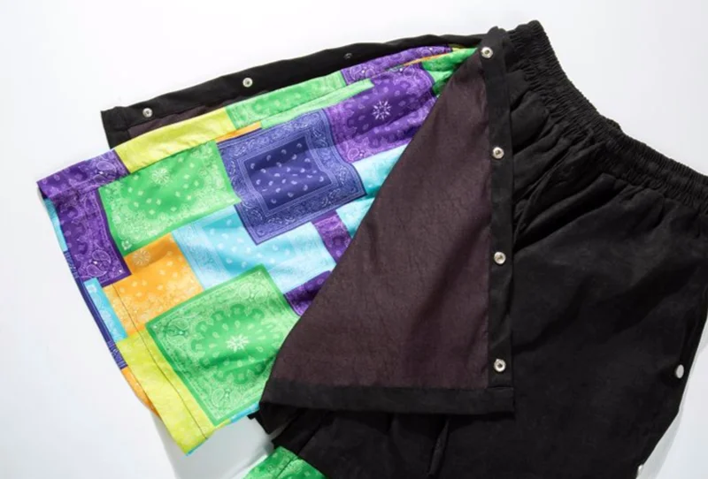 Men Side Buttons Patchwork Harajuku Straight Shorts New Elastic Waist Short Pants Joggers Hip Hop Streetwear Casual Sweatshorts