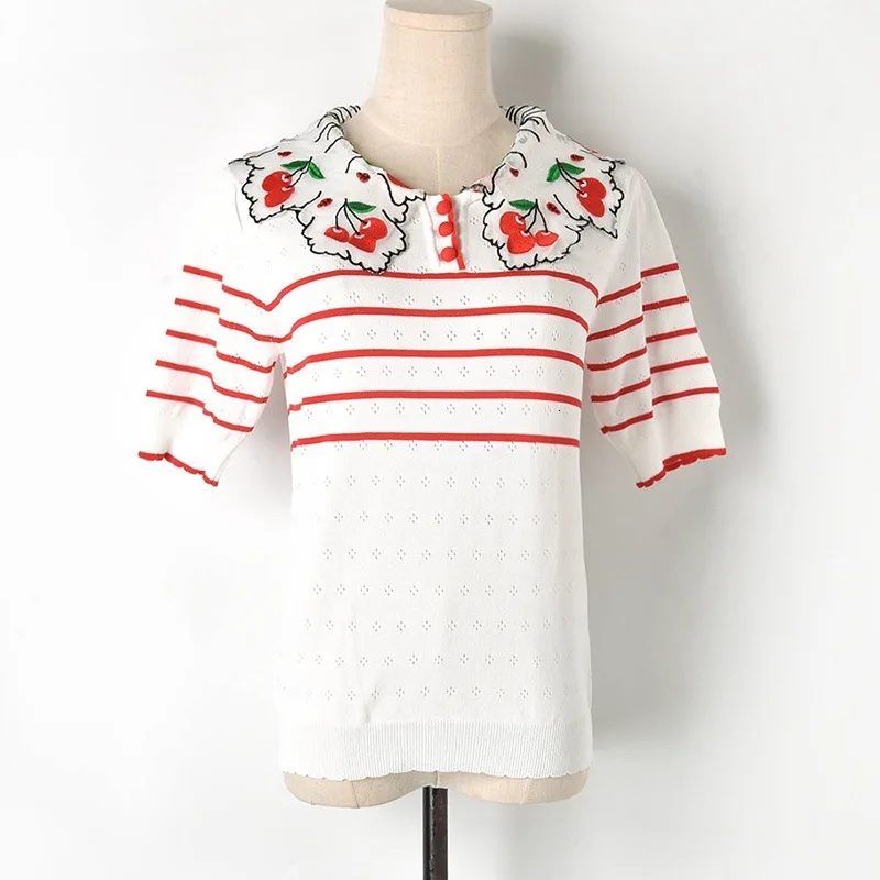 Cherry Collar) Высокое качество цветная полоса сплит-соединение марля вышивка Вишня кружево кукла шеи короткий рукав вязание женщина F90436 - Цвет: Cherry Collar)
