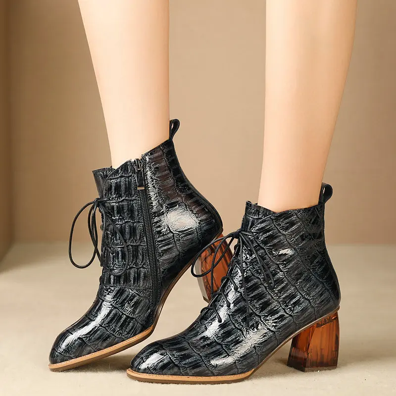 ESVEVA Women Shoes Winter Ankle Boots PU+ Leather High Heel Zipper Lace Up Sexy Motorcycle Platform Boot Size 34-42
