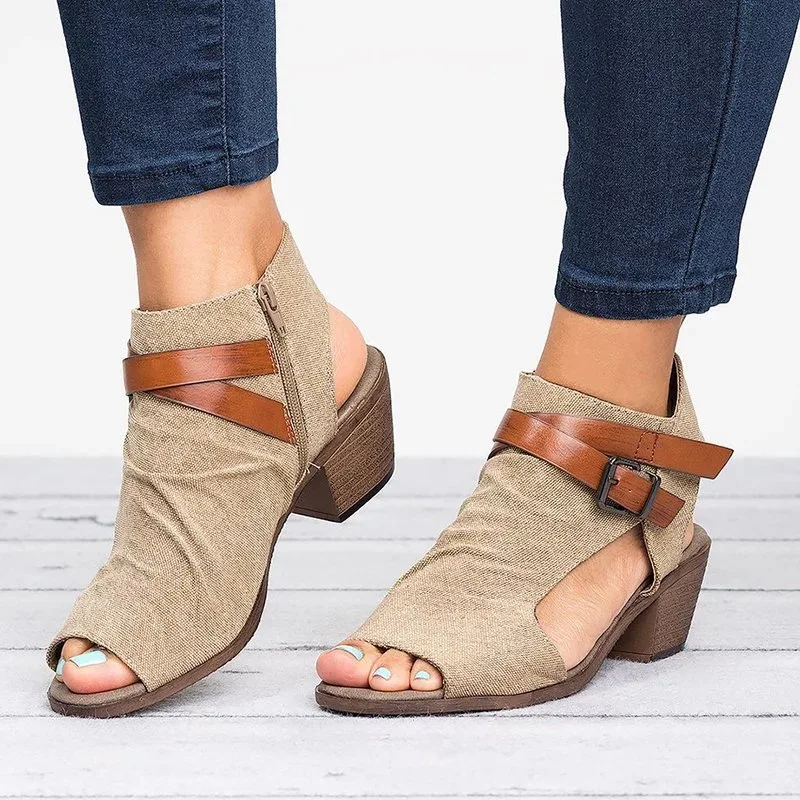 

Peep Toe Med Square Heel Concise Gladiator Sandals Women Rome Buckle Sandals Ankle Wrap Plus Size Zip Summer Bohemian Shoes