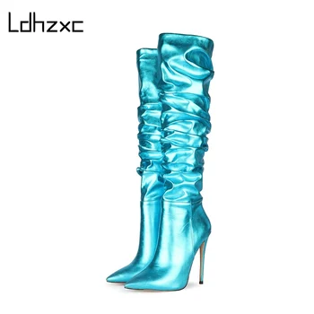 

LDHZXC New 2020 Women Boots Thick High Heels Winter Knee High Boots Female Pointed Toe Fashion Shoes big size 42 43 44