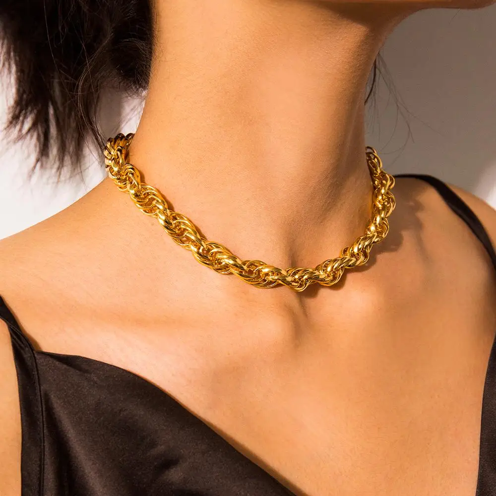 PuRui Punk Golden Twisted Chain Necklace Short Statement Personalized Choker Collar Fashion Necklace for Women Hip Hop Jewelry