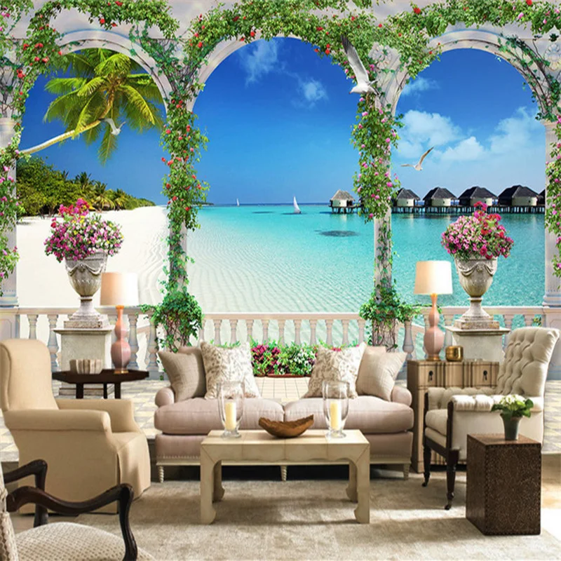 

Dropship Custom Wallpaper European Style 3D Stereoscopic Rome Column Seaside Landscape Photo Wall Murals Dining Room Frescoes