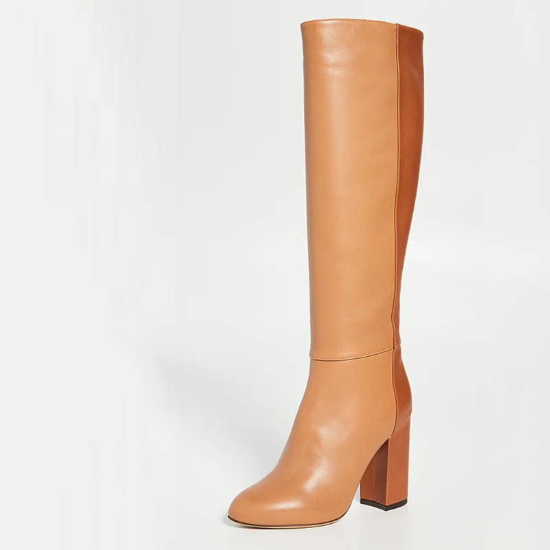 Two Color Knee Long Boots High Square Heels Round Toe Zipper Large Size 13 15 Women Patchwork Design Winter Fashion Shoes Shofoo