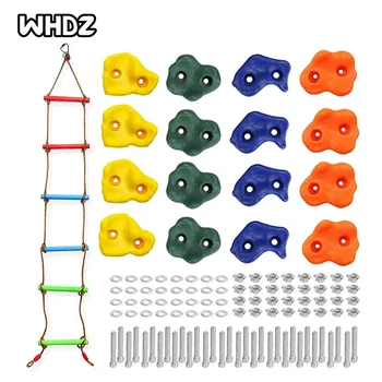 16 DIY Rock Stone Wall Rock Climbing Holds Set Design for Children and Kid with Climbing Rope Ladder and 32 Mounting Bolts 1