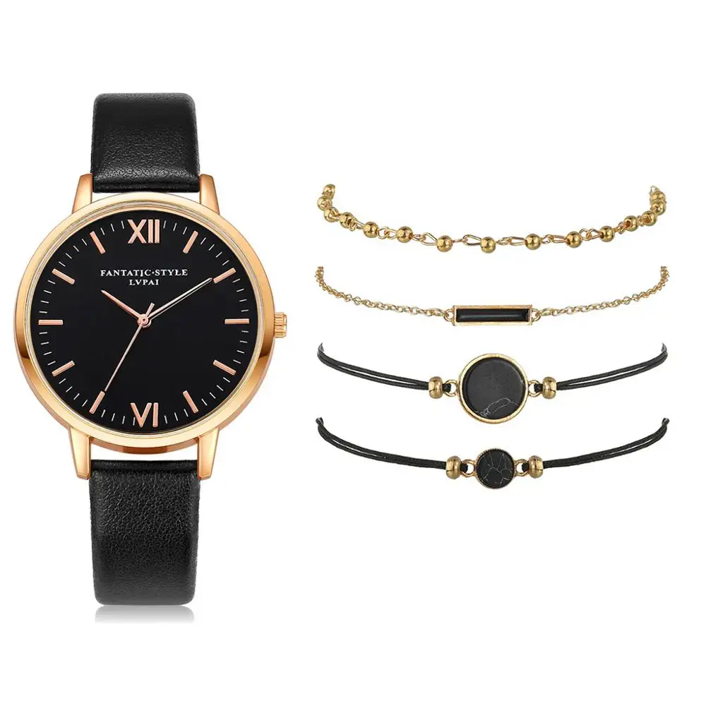 Black 5pcs Set 5pc/set Simple Style Leather Watches Women Fashion Watch Minimalist Ladies Casual Wrist Watch Female Quartz Clock Reloj Mujer - Цвет: Black 5pcs Set