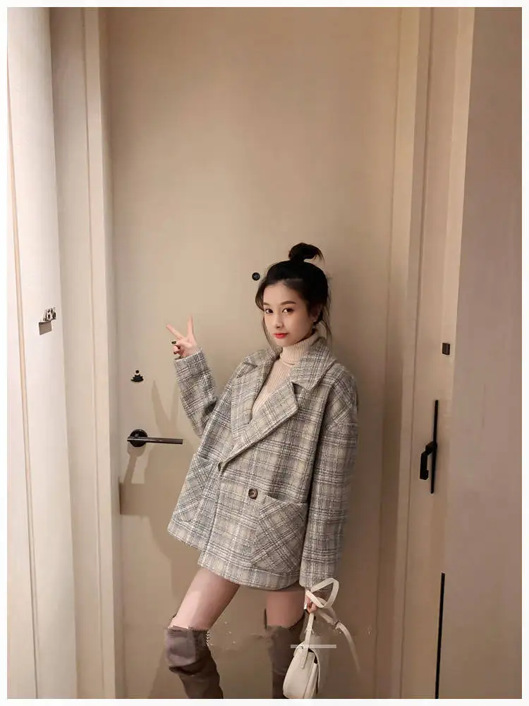 Heydress клетчатое шерстяное пальто женское осень зима свободное популярное корейское ретро маленькое утолщенное твидовое пальто