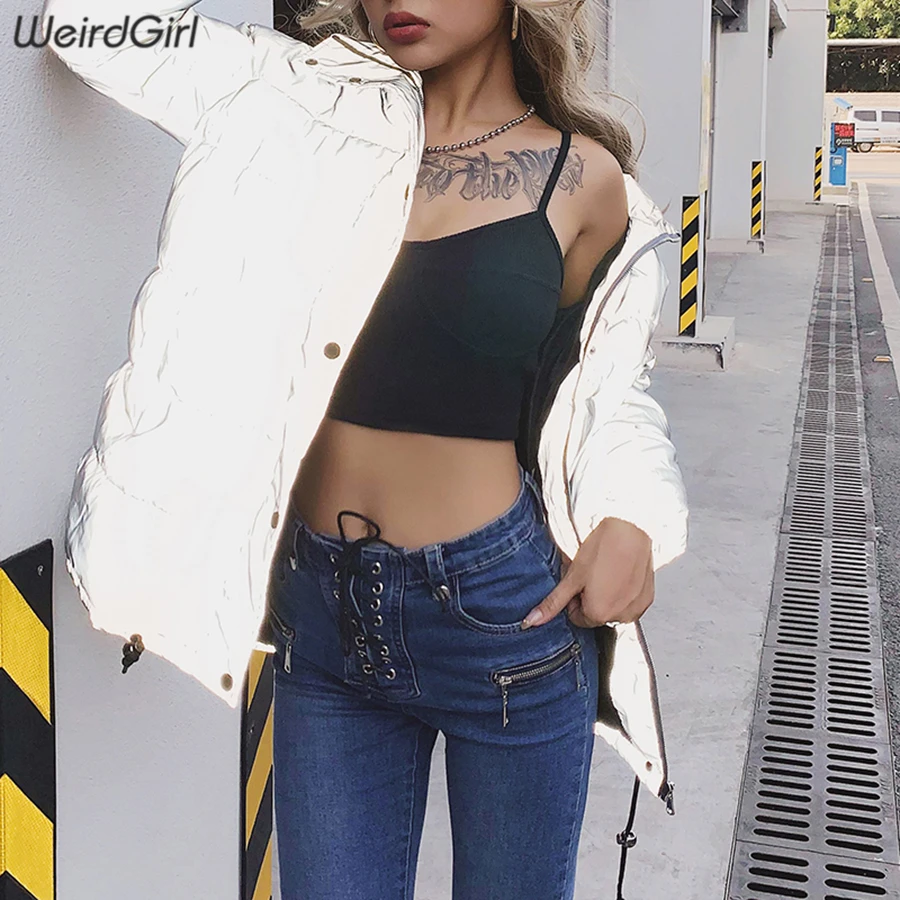 Weirdgirl/ зимнее пальто для женщин; модная Светоотражающая куртка на подкладке из хлопка; Женская Повседневная плотная теплая одежда на молнии с карманами
