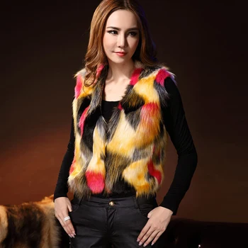 

New Women Colorful Faux Fur Vest Patchwork Gradual Color Fashion Slim Sleeveless Fur Vest Female Jacket Coat PC022