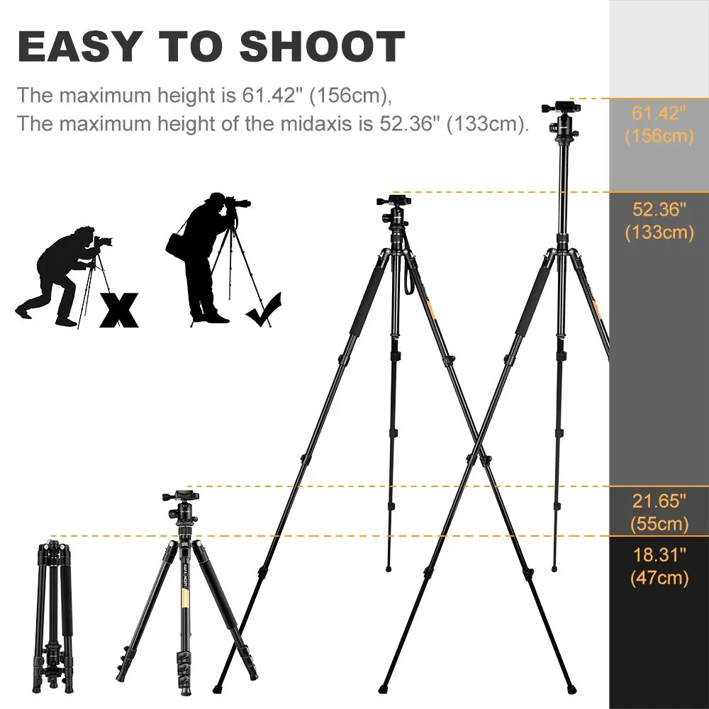 K&F Concept Camera Tripod Lightweight Compact Aluminum Tripod 62'' with Bluetooth Remote Ball Head Quick Release Plate For DSLR