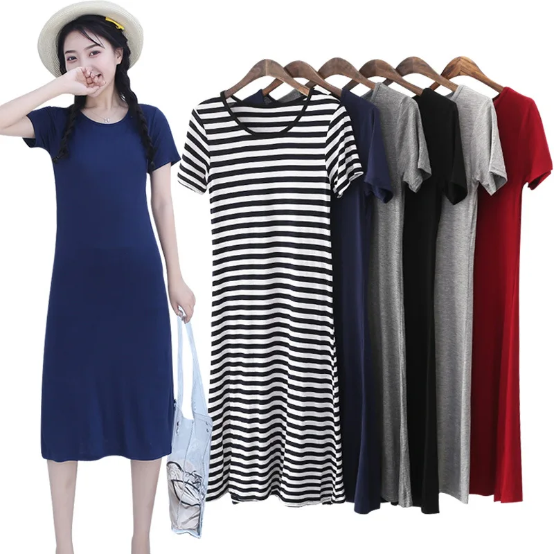 

Spring Summer New Style Modal Short-sleeve Dress WOMEN'S Dress Korean-style Stripes Slim Fit Medium-length Dress Base Skirt