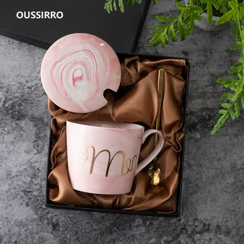 

OUSSIRRO Ceramic Coffee Mugs Mr and Mrs Tea Milk Cup Gift Box with Lid and Spoon Creative Wedding Anniversary Gift