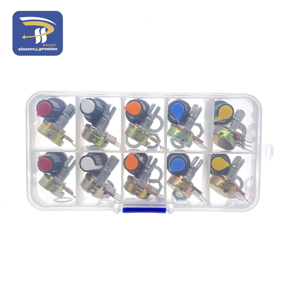 WH148 Potentiometer Kit B1K 2K 5K 10K 20K 50K 100K 250K 500K 1M 15mm Linear Taper Rotary Resistor Set 3pin With Cap linear potentiometer,rotary potentiometer,potentiometer kit,adjustable resistor