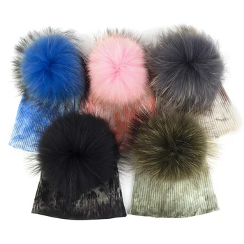 

Autumn and Winter Newborn Baby Girls Boys Ribbed Cotton with Real Fur Pompom Beanies Hats Winter Soft Knitted Caps for Child
