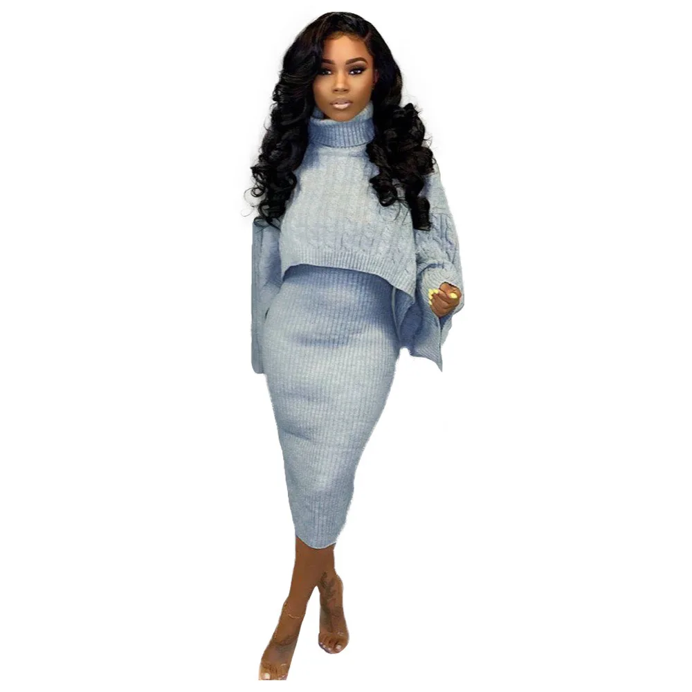 Autumn Winter Knitted Sweater Two Piece Set Turtleneck Long Sleeve Loose Crop Top+ Bandage Midi Tank Dress Plus Size Tracksuit