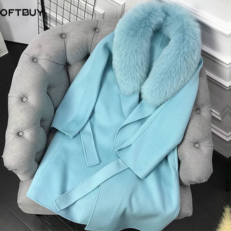 Женское кашемировое пальто с поясом OFTBUY длинная кашемировая куртка воротником
