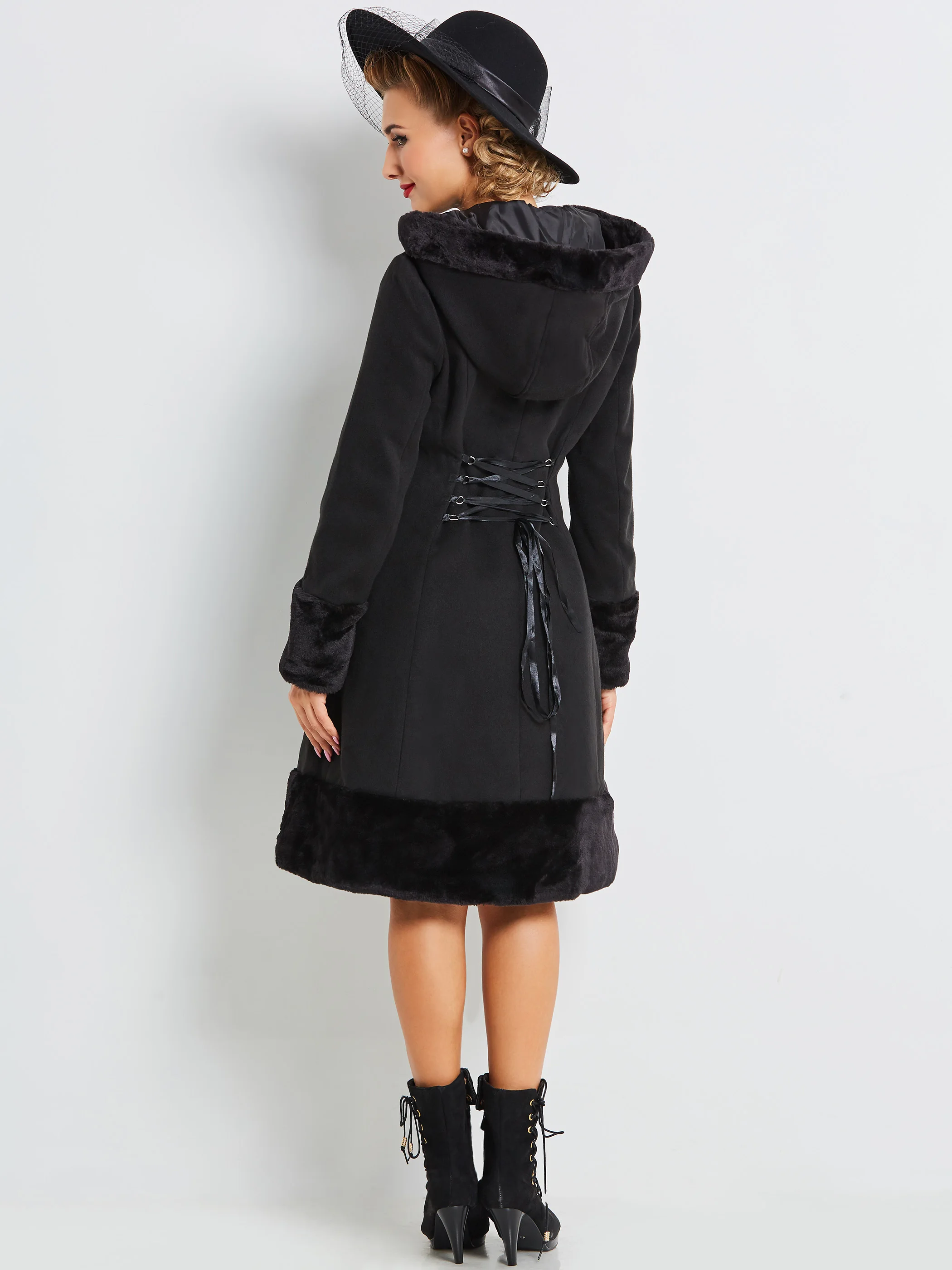 astounding  Sisjuly Gothic Black Faux Fur Hooded Parka coat Autumn Winter Lace Up Buttons Padded Coat Long Slim
