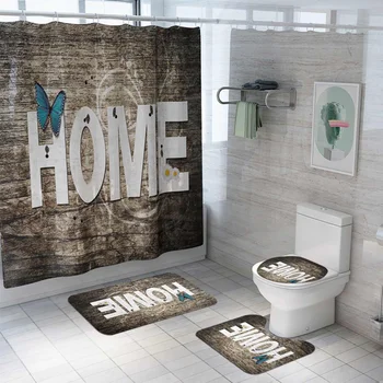 

Dustproof and Absorbent Bathroom Set HOME Featured Letters Non-Slip Toilet Seat Shower Curtain Carpet Bathroom Mat Set