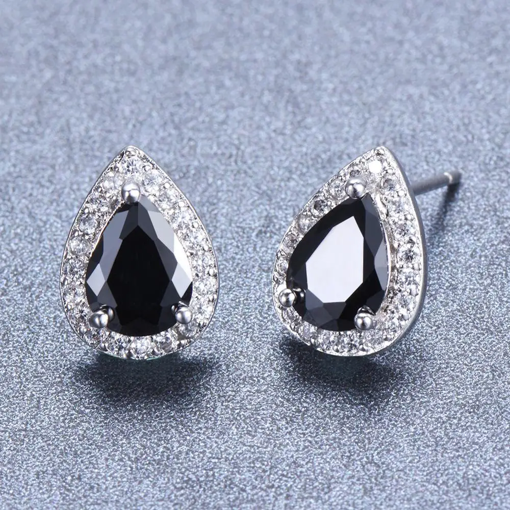 Серьги-гвоздики женские с черными цирконами серебристого цвета | Украшения и
