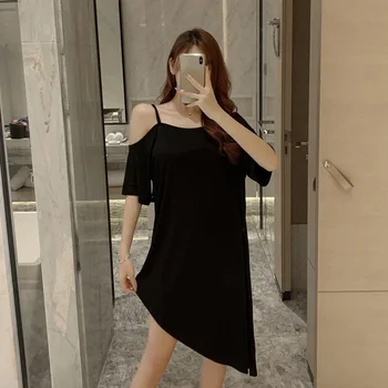 

Modal Skew-Collar Thin Women's night dress Short Sleeve Sexy Loose Women 2020 Summer Fashion Casual Ladies Home Clothes