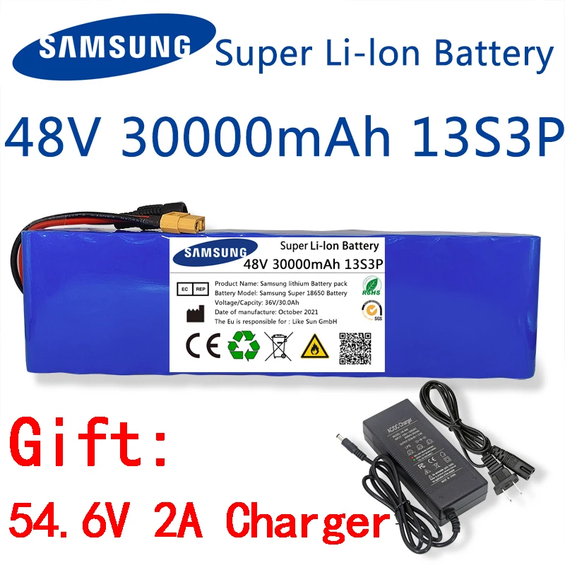 New 48V 30000mAh 500w 13S3P XT60 18650 Lithium ion Battery Pack 30Ah For 54.6v E-bike Electric bicycle Scooter with BMS+charger |