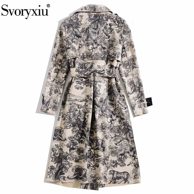 Svoryxiu Designer Brand Forest Animal Print Long Trench Coat Women's Fashion Long Sleeve Double-Breasted Winter Overcoat Outwear