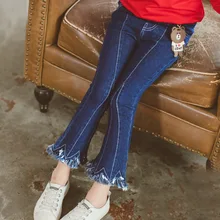 Джинсовые брюки для девочек; сезон осень; Новинка года; корейский стиль; длинные эластичные штаны с кисточками в западном стиле для больших мальчиков и девочек