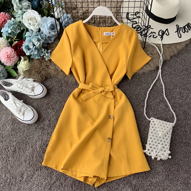 ALPHALMODA 2020 V-neck Single Breasted Fashion Short-sleeved Playsuit Slim Fit Solid Color Ladies Chic Jumpsuit | Женская одежда