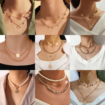 

Modyle New Fashion Punk Vintage Heart Butterfly Pendants Necklaces For Women Gold Color Simulated Pearl Necklace Jewelry Gift