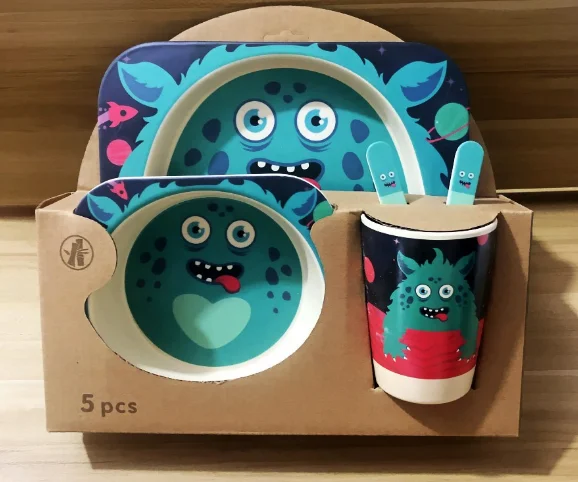 Little monster 5 шт./компл. детские блюда, детские блюда, блюда с героями мультфильмов, Детские натуральные блюда, бамбуковое волокно, миски, вилки, чашки - Цвет: Little monster