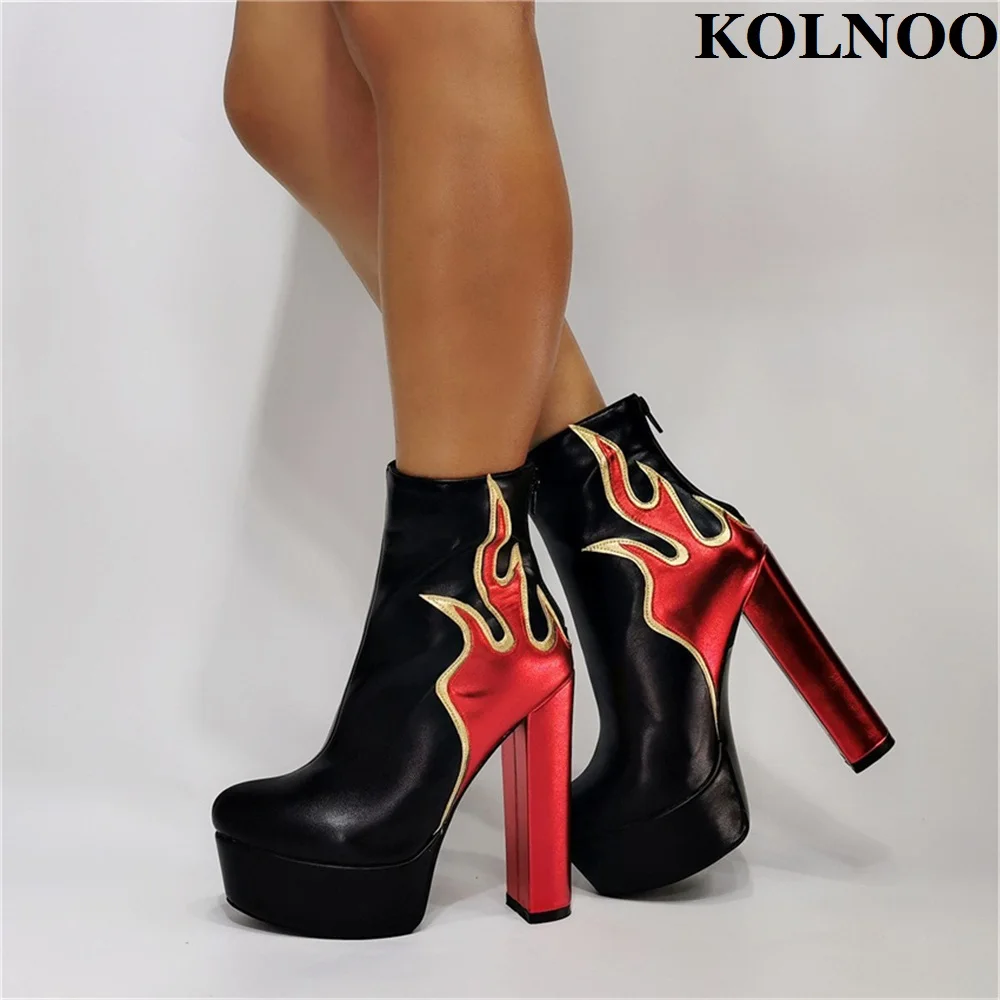 

Kolnoo Handmade Ladies Chunky Heel Boots Patchwork Leather Classic Party Prom Ankle Boots Evening Xmas Fashion Winter Club Shoes