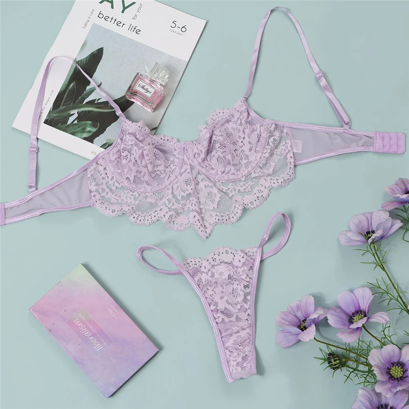 

AIIOU Babydoll Costumes Women Hot Exotic Bra and Panties Set Sexy Lace Embroidery Transparent Underwear Mesh See Through Lingrie