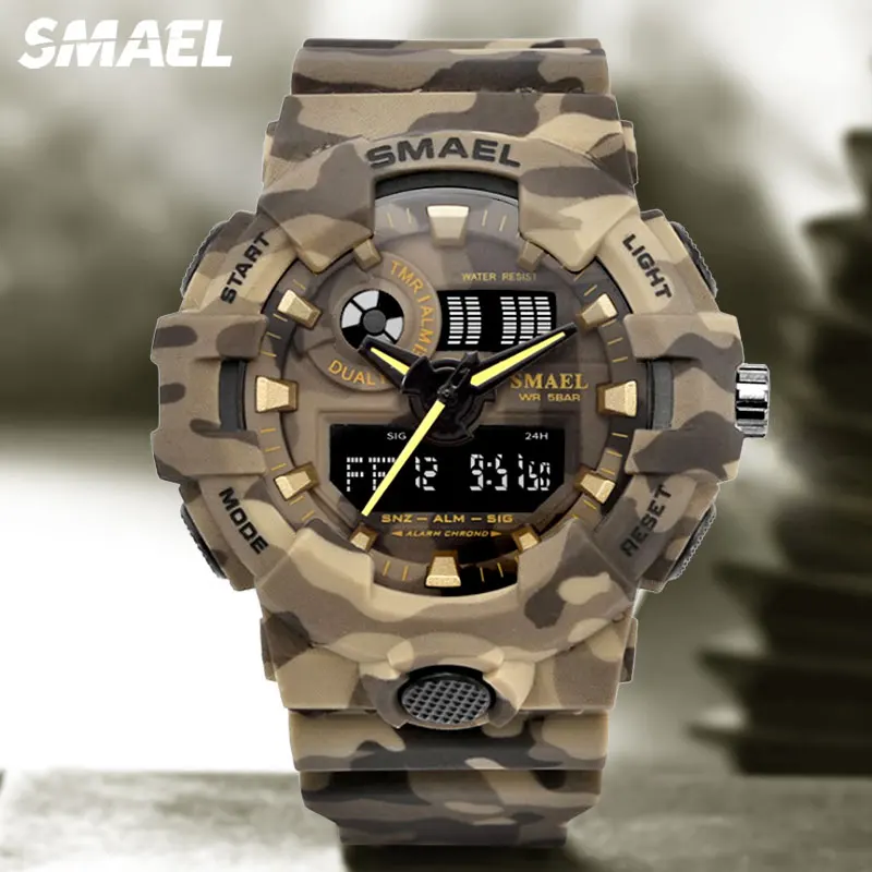 SMAEL Military Sport Quartz Watch for Men Camouflage Waterproof Digital Watches Auto Date LED Dual Time Dislay Wristwatch 8001 | Наручные