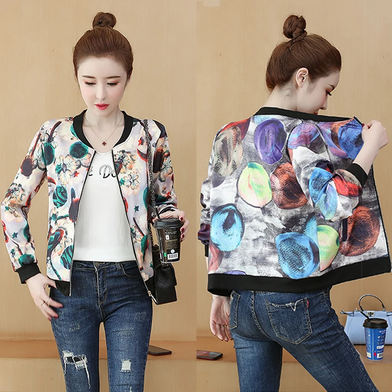 Women's Print Thin Bomber Jacket New Spring Autumn Casual Elegant Female Jacket Outwear Long Sleeve Basic Jacket